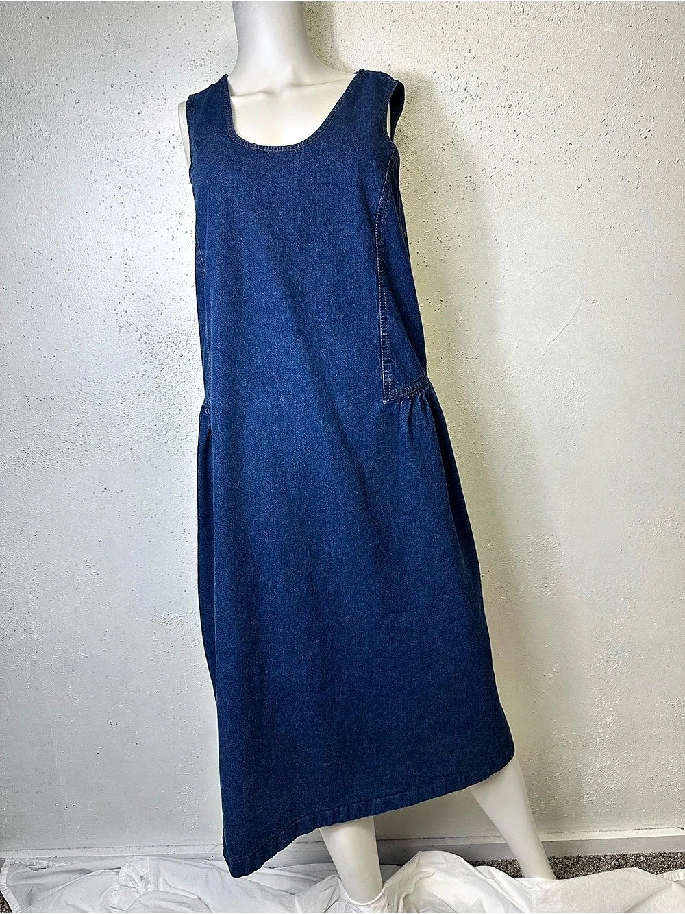 VTG 90s Denim Overall Jumper Dress XL Country Cottage Teacher Pockets